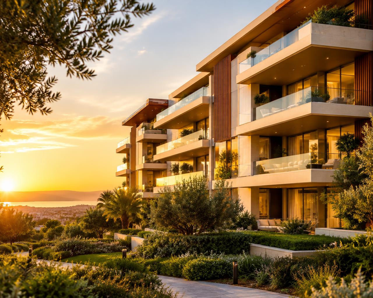 Modern apartment community at golden hour